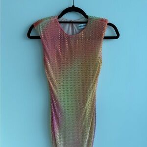 Self-Portrait Pink Yellow Green Multicolor Embellished Midi Dress